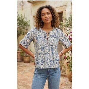 Faherty 100% Linen Top Sz S Blue Relaxed Fit Coastal Floral Peplum Short Sleeve